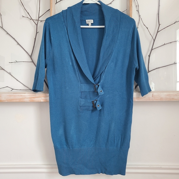 Teal Blue Knit Tunic Sweater - Buckle Detail - Size Large - Picture 5 of 7